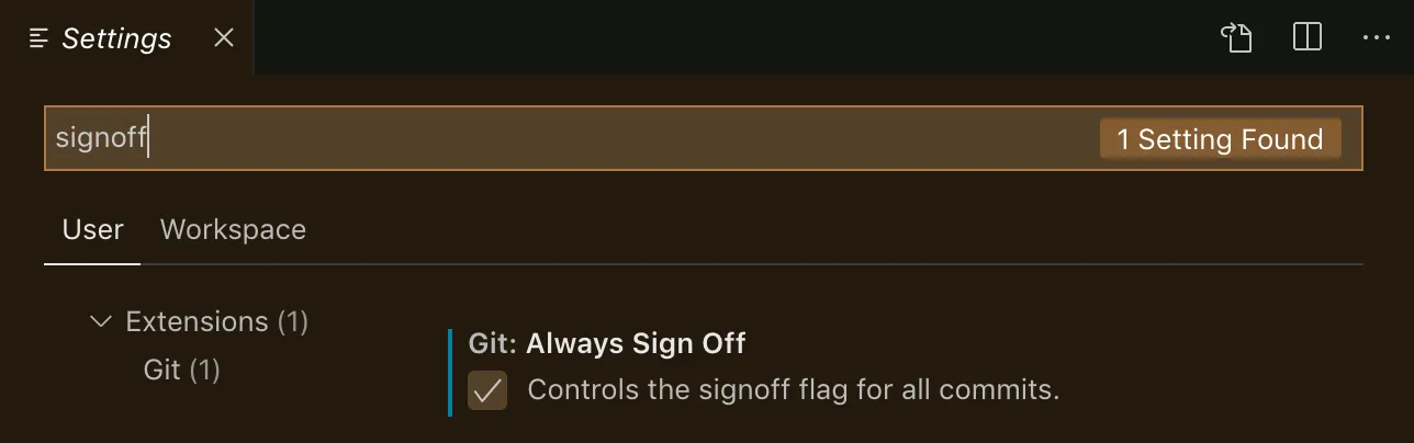Git signoff configuration in VS Code